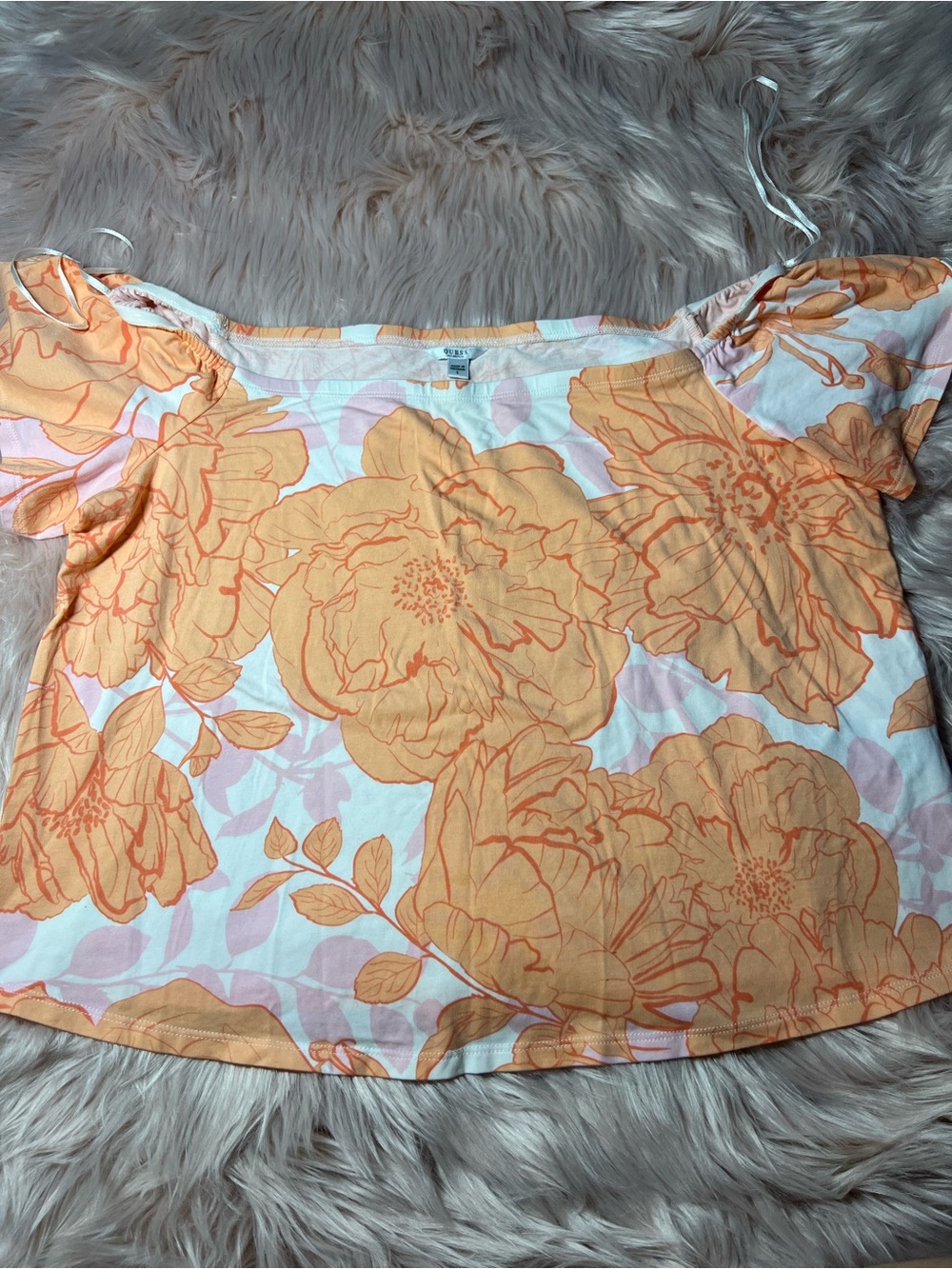 Guess Peach and White Floral Off-Shoulder Crop Top
